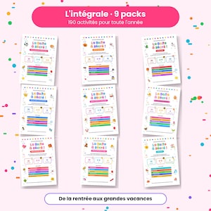 Op de afbeelding: Een verzameling van negen activiteitenbladen getiteld La Boîte à Récré, met 190 activiteiten voor het hele jaar. Elk blad bevat kleurrijke afbeeldingen, genummerde vakjes en Franstalige tekst, gerangschikt in een raster op een lichtroze achtergrond.