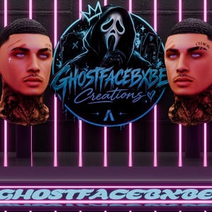 Op de afbeelding: Twee identieke etalagepoppenhoofden met kort donker haar, gezichtstatoeages en witte ogen, geflankeerd door een rond logo met een Ghostface-figuur en de tekst GHOSTFACEBXBE Creations. De basis toont de tekst GHOSTFACEBXBE in lichtblauw.