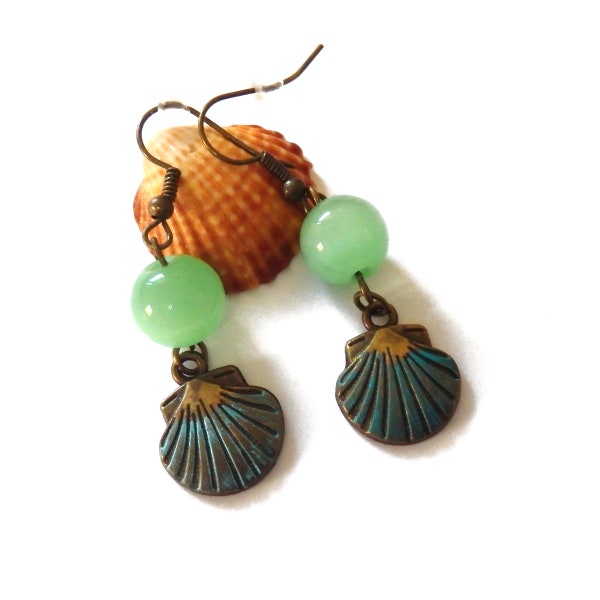 antique shell marine nautical dangling earrings green-ish blue bronze and patina with blue aggate stone