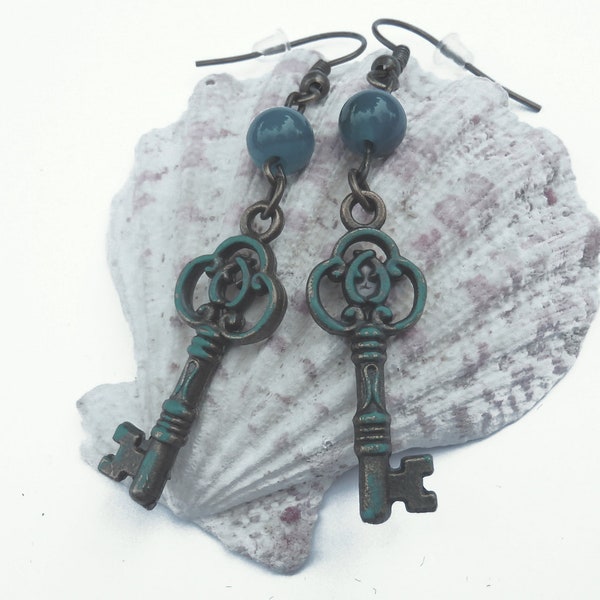 antique anchor marine nautical dangling earrings green-ish blue bronze and patina with blue aggate stone