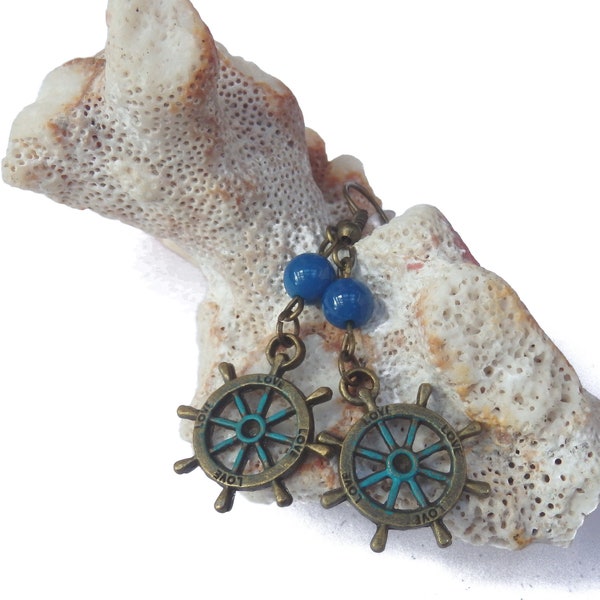 antique anchor marine nautical dangling earrings green-ish blue bronze and patina with blue aggate stone