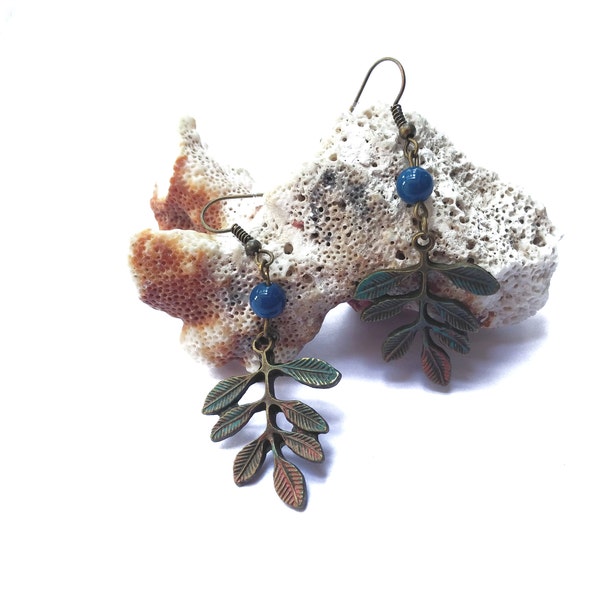 leaves dangling earrings green-ish blue bronze and patina with blue aggate stone