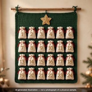 May include: A dark green crocheted wall hanging featuring twenty-four small cream-colored drawstring pouches, each embroidered with a gold number from 1 to 24. A gold crocheted star is centered at the top, and the piece hangs from a wooden rod.