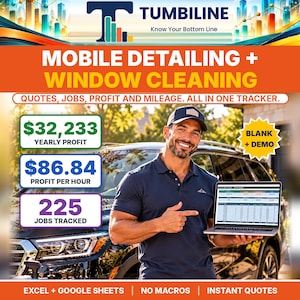 Pode incluir: Um rastreador digital para empresas de detalhamento móvel e limpeza de janelas. O gráfico exibe texto incluindo TUMBILINE, MOBILE DETAILING + WINDOW CLEANING, QUOTES, JOBS, PROFIT AND MILEAGE e vários pontos de dados financeiros.