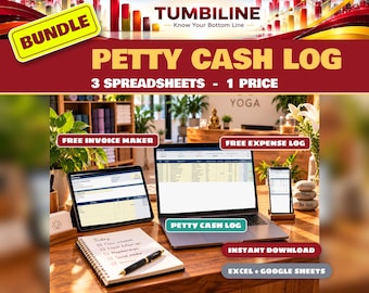 Petty Cash Log Bundle, Drawer Count Sheet and Reconciliation Template for Small Business, Invoice Maker, Expenses, Excel Google Sheets