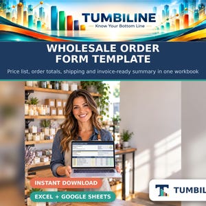May include: A digital wholesale order form template by Tumbiline, featuring a laptop screen displaying a spreadsheet with columns for price lists, order totals, and invoice summaries, compatible with Excel and Google Sheets.