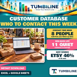 Plantilla de hoja de cálculo para base de datos de clientes, seguimiento de clientes y CRM para pequeñas empresas, recordatorios de seguimiento, Excel y Google Sheets.