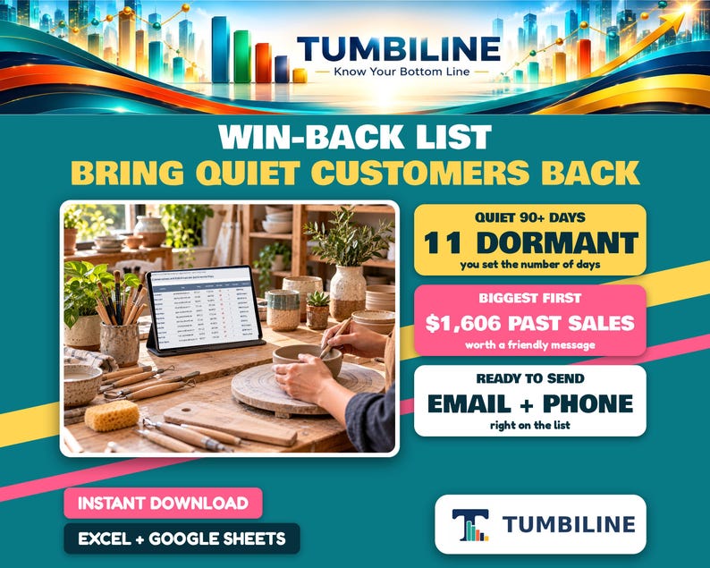 May include: A digital marketing graphic for Tumbiline featuring a win-back list strategy. The image displays a pottery workspace with a tablet showing a customer list, alongside text boxes highlighting 11 dormant customers, &pound;1,606 in past sales, and email plus phone contact options.