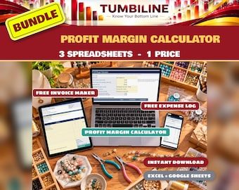 Profit Margin Calculator Bundle, Markup and Pricing Template for Small Business, Invoice Maker, Expense Log, Excel Google Sheets
