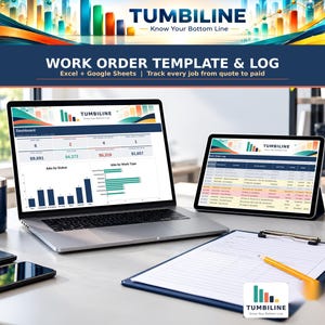 May include: A digital work order template and log for Excel and Google Sheets by Tumbiline. The screen displays a dashboard with financial data, job status charts, and a work order log. A laptop, tablet, and clipboard with a yellow pencil are visible.