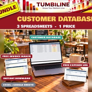 Pacote de Banco de Dados de Clientes, Planilha de Controle de Clientes e CRM para Pequenas Empresas, Gerador de Faturas, Registro de Despesas, Planilhas Excel e Google