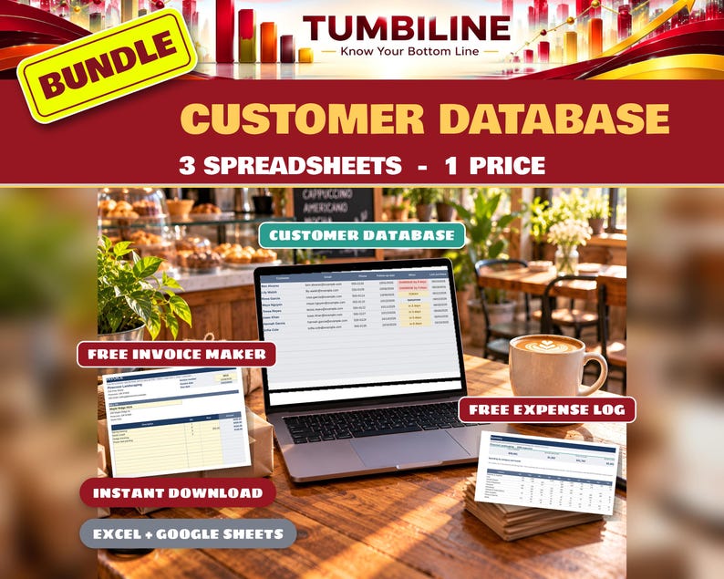 Customer Database Bundle, Client Tracker and CRM Spreadsheet for Small Business, Invoice Maker, Expense Log, Excel Google Sheets image 1