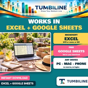 May include: A digital product advertisement for Tumbiline featuring a laptop displaying a spreadsheet, a straw hat, and a notebook on a wooden table. Text includes Works in Excel + Google Sheets, Microsoft Excel 2019 or newer, or 365, and PC, Mac, Phone.