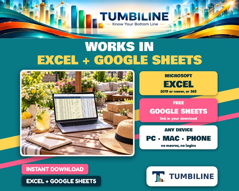 May include: A digital product advertisement for Tumbiline featuring a laptop displaying a spreadsheet, a straw hat, and a notebook on a wooden table. Text includes Works in Excel + Google Sheets, Microsoft Excel 2019 or newer, or 365, and PC, Mac, Phone.