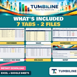 May include: A digital spreadsheet template titled TUMBILINE featuring seven tabs and two files. The interface displays sections for Customers, Sales, Dashboard, Contact This Week, Win-Back, and Setup, compatible with Excel and Google Sheets.