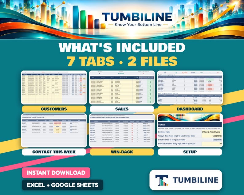 May include: A digital spreadsheet template titled TUMBILINE featuring seven tabs and two files. The interface displays sections for Customers, Sales, Dashboard, Contact This Week, Win-Back, and Setup, compatible with Excel and Google Sheets.