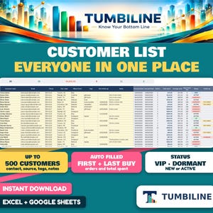 May include: A digital customer list spreadsheet template by Tumbiline featuring columns for contact details, purchase history, and status. The interface includes text labels for auto-filled data, customer status tracking, and compatibility with Excel and Google Sheets.