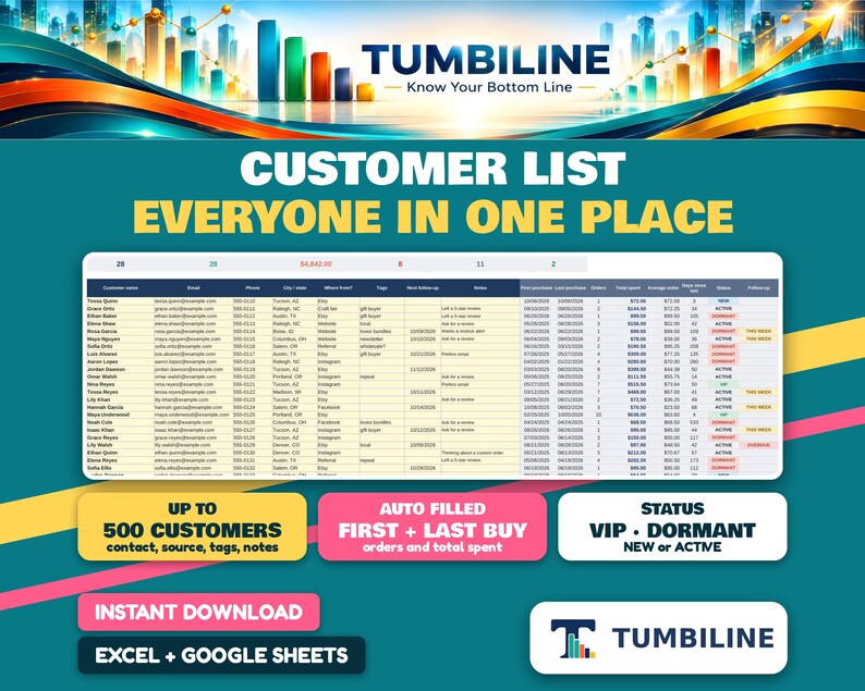 May include: A digital customer list spreadsheet template by Tumbiline featuring columns for contact details, purchase history, and status. The interface includes text labels for auto-filled data, customer status tracking, and compatibility with Excel and Google Sheets.