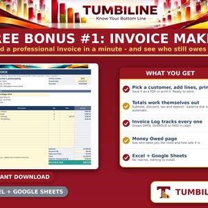 May include: A digital invoice maker template for Excel and Google Sheets by Tumbiline. The graphic displays a sample invoice document on the left and a list of features on the right, including automated totals, an invoice log, and a money owed page.