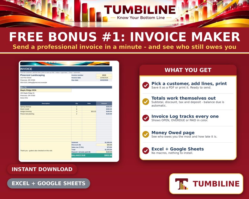 May include: A digital invoice maker template for Excel and Google Sheets by Tumbiline. The graphic displays a sample invoice document on the left and a list of features on the right, including automated totals, an invoice log, and a money owed page.