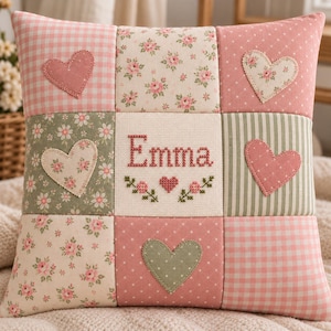 Può includere: Un cuscino decorativo quadrato con un design patchwork a nove riquadri che alterna quadrati a quadretti rosa, motivi floreali e strisce verdi. Il riquadro centrale mostra il nome Emma a punto croce rosso con piccoli dettagli floreali.
