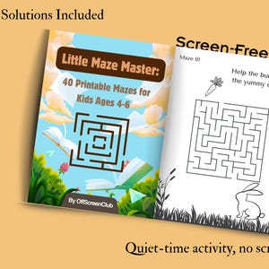 Op de afbeelding: Een printbaar activiteitenboek getiteld Little Maze Master: 40 Printable Mazes for Kids Ages 4-6 van OffScreenClub. De omslag bevat een kleurrijke illustratie van boeken en wolken. De binnenpagina toont doolhof 01 met een konijn.