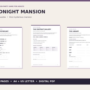 Juego de fiesta de Halloween "Midnight Mansion" para adultos, desafío de rompecabezas imprimible, 3 rompecabezas de códigos con pistas.