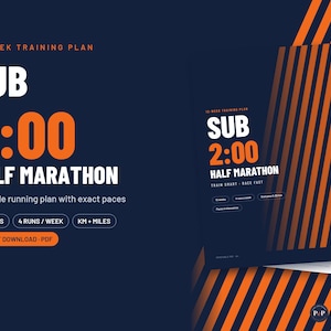 Könnte beinhalten: Ein 12-wöchiger Halbmarathon-Trainingsplan auf dunkelblauem Hintergrund mit orangefarbenen diagonalen Streifen. Der Text lautet 12-WEEK TRAINING PLAN, SUB 2:00 HALF MARATHON, Printable running plan with exact paces, 12 WEEKS, 4 RUNS / WEEK, KM + MILES, INSTANT DOWNLOAD - PDF, TRAIN SMART - RACE FAST.