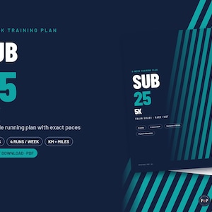 Pode incluir: Um plano de treino de corrida de 5K de 8 semanas num fundo azul escuro com riscas azul-petróleo. O texto diz 8-WEEK TRAINING PLAN, SUB 25, 5K, Printable running plan with exact paces, 8 WEEKS, 4 RUNS / WEEK, KM + MILES, INSTANT DOWNLOAD - PDF, TRAIN SMART - RACE FAST e PIXEL & PAPERS.