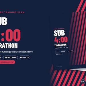 Puede incluir: Un plan de entrenamiento de maratón de 16 semanas con fondo azul oscuro y rayas diagonales rojas. El texto dice SUB 4:00 MARATHON, 16 WEEKS, 4 RUNS / WEEK, KM + MILES e INSTANT DOWNLOAD - PDF. El diseño presenta una tipografía blanca y roja.