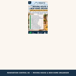 Op de afbeelding: Een digitale verhuis- en nieuwe woningplanner spreadsheet van Renovation Control UK. Het document bevat 16 uitgebreide tabbladen, waaronder een verhuischecklist, inpakplanner, budgettracker, adreswijzigingstracker en nutsvoorzieningen.