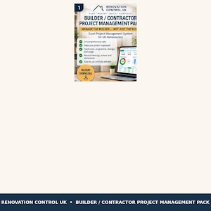 Könnte beinhalten: Ein Projektmanagement-Paket für Bauherren und Auftragnehmer von Renovation Control UK. Das Dokument zeigt einen Laptop mit einem Excel-Dashboard, Diagrammen, einer Liste mit 14 Reitern und einem Sofort-Download-Symbol auf einem runden Abzeichen.