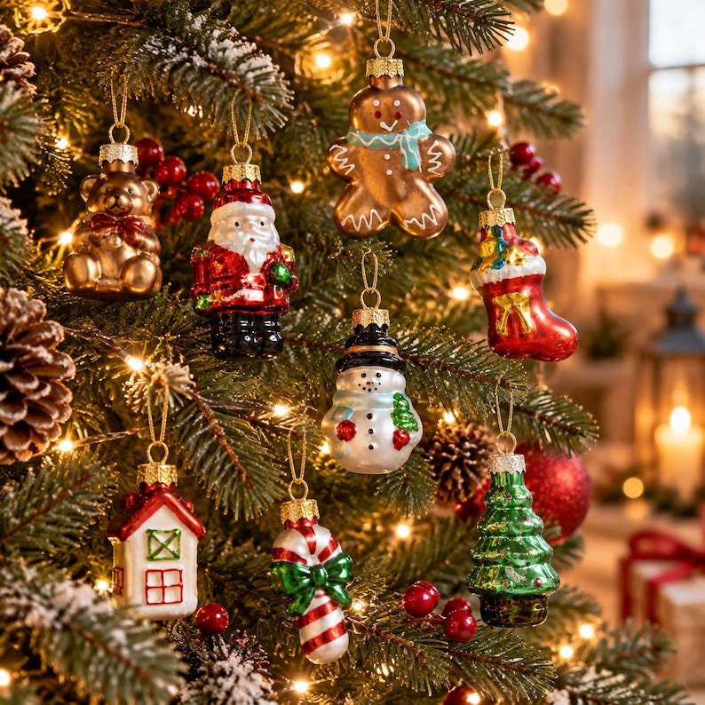 Vintage Glass Christmas Ornaments Box Set, Mini Retro Christmas Tree ...