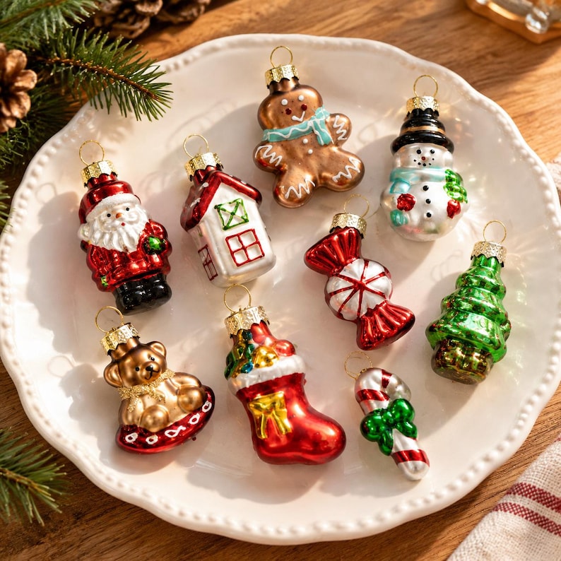 Vintage Glass Christmas Ornaments Box Set, Mini Retro Christmas Tree ...