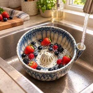 May include: A blue and white ceramic berry colander bowl with a central drainage cone and a side spout, filled with fresh strawberries, blueberries, raspberries, and blackberries being rinsed under a kitchen faucet stream.
