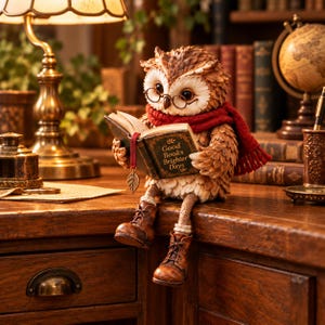Könnte beinhalten: Eine braune Eulenfigur mit runder Brille und rotem Strickschal, die ein offenes Buch mit dem Text 'Good Books Brighter Days' auf dem Einband liest. Die Eule hat strukturierte Federn und trägt braune Schnürstiefel.