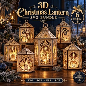 May include: A 3D Christmas Lantern SVG Bundle featuring 6 designs of laser-cut wooden lanterns with illuminated holiday scenes including a snowman, reindeer, nativity, and ornaments. The digital file set includes SVG, DXF, EPS, and PDF formats.