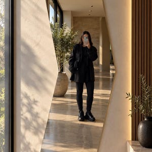 May include: A tall, full-length wall mirror with an irregular, asymmetrical geometric shape. The mirror features smooth, rounded corners and a reflective glass surface that displays a room interior, including a potted plant and flooring.