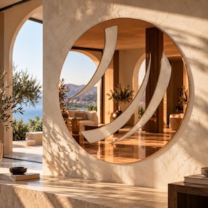 May include: A large circular wall mirror with a warm bronze-tinted reflective surface. The mirror features three distinct, curved, opaque white decorative elements layered across the glass, creating a sweeping, abstract design that reflects a room.