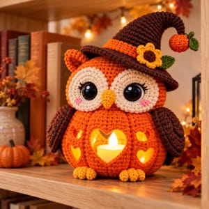 May include: A crocheted owl figurine with a pumpkin-shaped body featuring heart-shaped cutouts and an internal light. The owl wears a dark brown pointed hat adorned with a yellow sunflower and a small orange pumpkin accent.