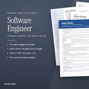 Puede incluir: Un paquete de plantillas de currículum para ingeniero de software con cuatro diseños modernos. El documento incluye contenido de muestra preescrito para resumen profesional, habilidades técnicas, experiencia, proyectos y educación, editable.