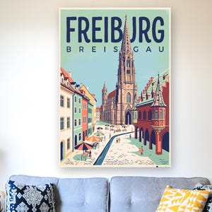 Freiburg Poster · Mid-Century · Breisgau · Retro Reiseplakat Münsterplatz & Schlossberg image 4