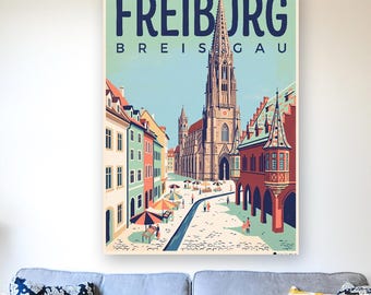 Freiburg Poster · Mid-Century · Breisgau · Retro Reiseplakat Münsterplatz & Schlossberg