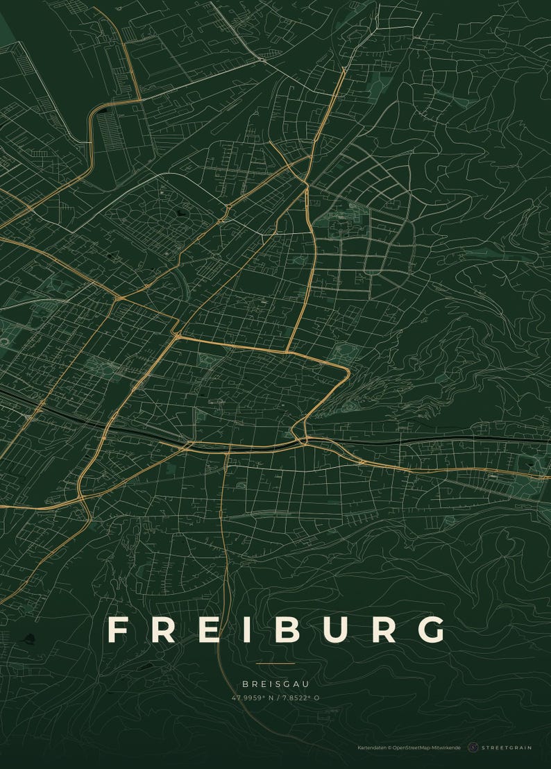 Carte de la ville de Fribourg-en-Brisgau · Carte déclinée en 8 couleurs · Décoration murale carte de ville Schwarzwald & Creme