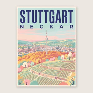 Stuttgart Poster · Mid-Century · Neckar · Retro Reiseplakat Schlossplatz, Fernsehturm, Grabkapelle & Schillerplatz Fernsehturm