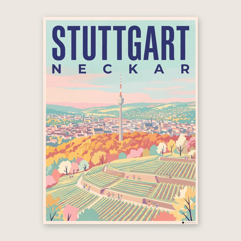Stuttgart Poster · Mid-Century · Neckar · Retro Reiseplakat Schlossplatz, Fernsehturm, Grabkapelle & Schillerplatz Fernsehturm