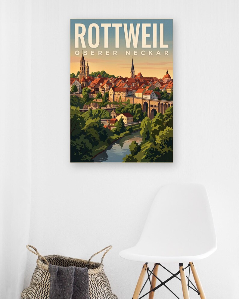 Rottweil Poster · Malerisch · Oberer Neckar · Retro Reiseplakat Schwarzes Tor, Neckartal & Kapellenturm 画像 9