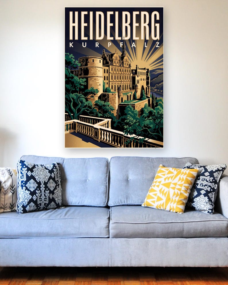Heidelberg Poster · Art déco · Kurpfalz · Retro Reiseplakat Alte Brücke & Schloss Bild 4