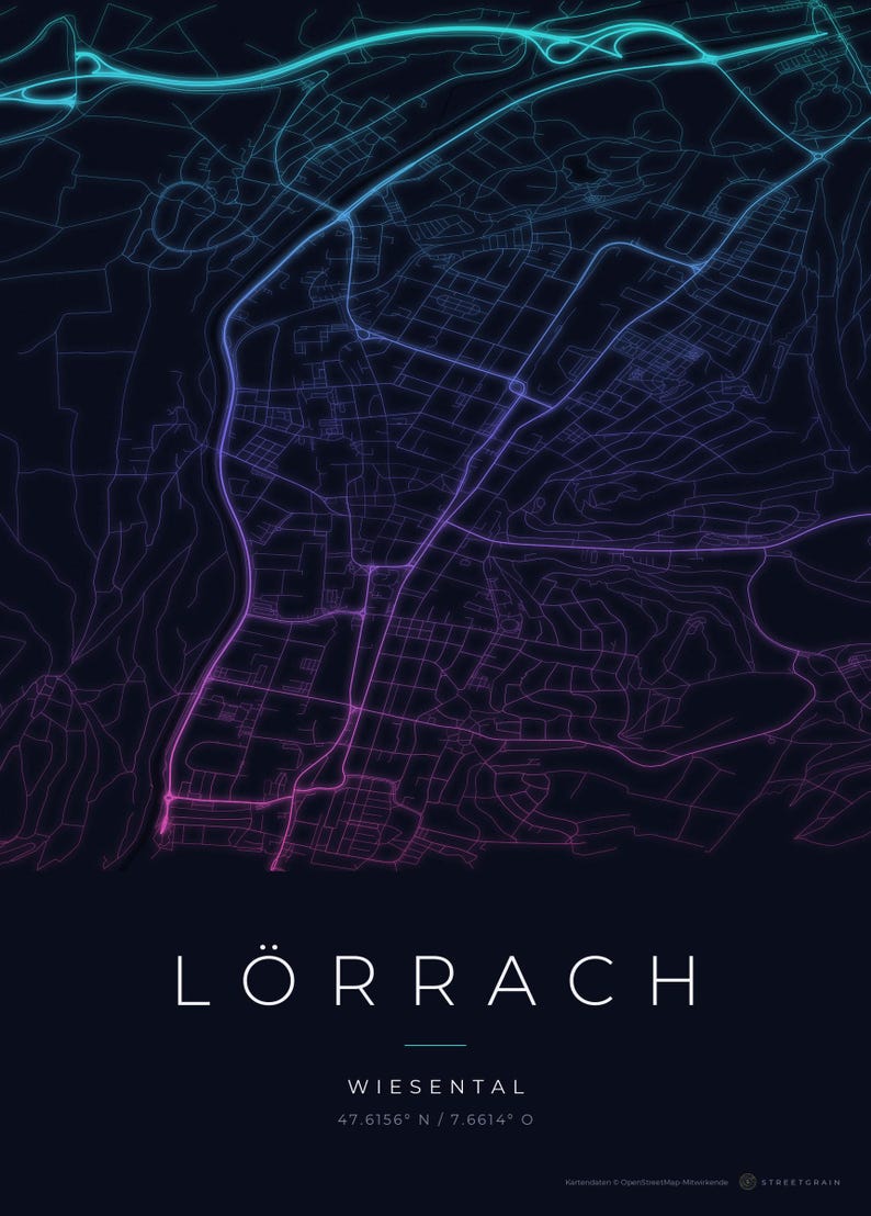 Lörrach City Map Poster · Wiesental · Map in 8 Color Schemes · City Map Wall Mural Neon Nights