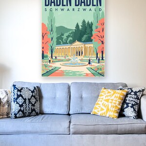Baden-Baden Poster · Mid-Century · Schwarzwald · Retro Reiseplakat Trinkhalle & Stadt im Tal zdjęcie 3